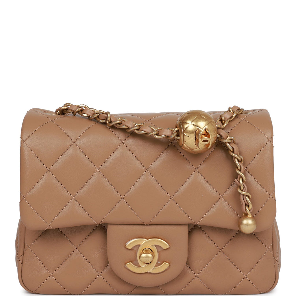 Chanel Beige Pearl Crush Square Mini Flap Antique Gold Hardware