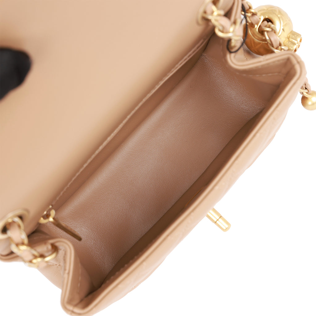 Chanel Pearl Crush Mini Square Flap Bag Beige Lambskin Antique Gold Hardware