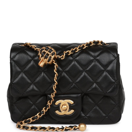 Chanel Pearl Crush Mini Square Flap Bag Black Lambskin Antique Gold Hardware