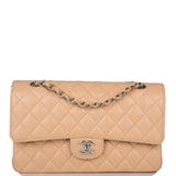 Chanel Medium Classic Double Flap Bag Beige Quilted Caviar Silver Hardware