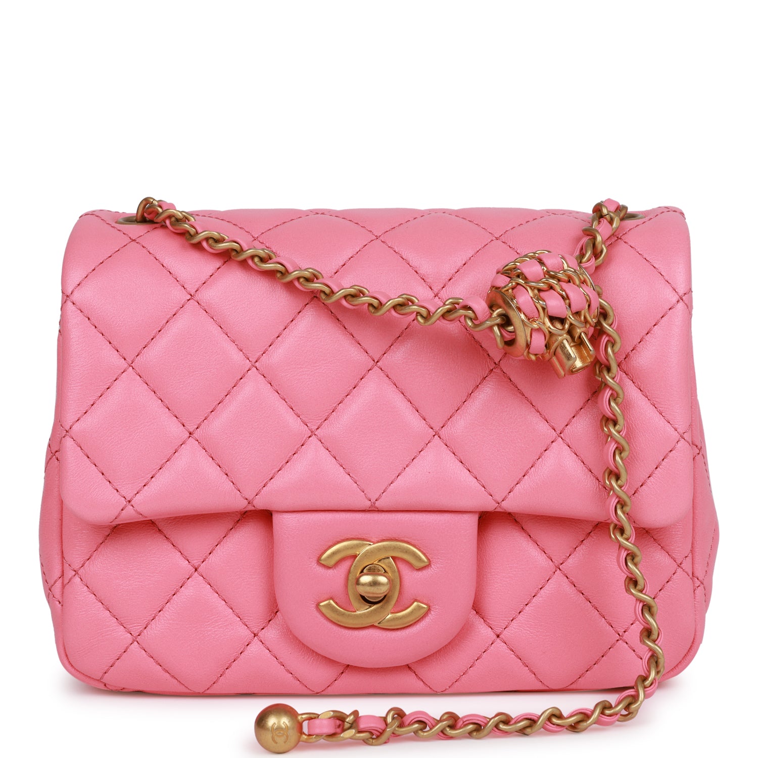 Pearl Crush Rectangle Mini Magenta Pink Crossbody Bag in Lambskin, Gold hardware