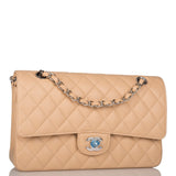 Chanel Medium Classic Double Flap Bag Beige Quilted Caviar Silver Hardware