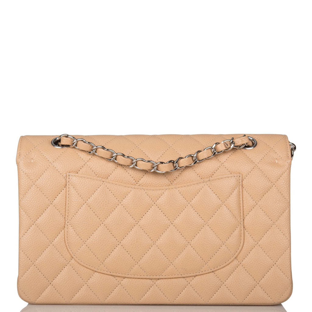 Chanel Beige Quilted Caviar Medium Classic Double Flap Silver Hardware