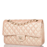 Chanel Medium Classic Double Flap Bag Beige Iridescent Calfskin Light Gold Hardware