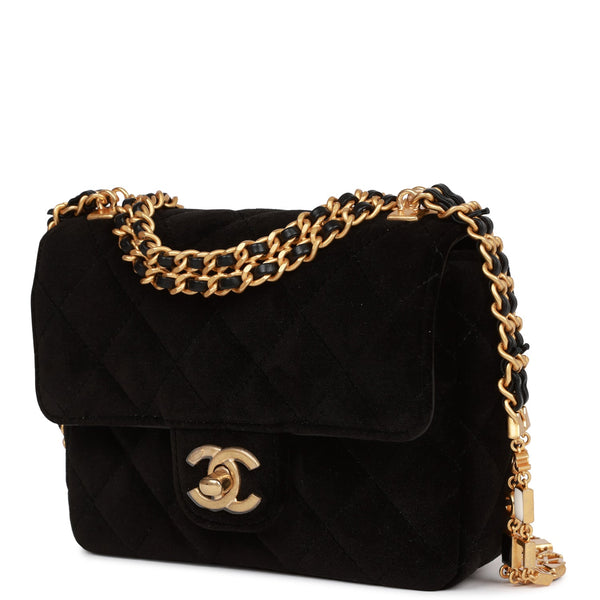 Mini flap bag, Velvet, enamel & gold-tone metal , black — Fashion