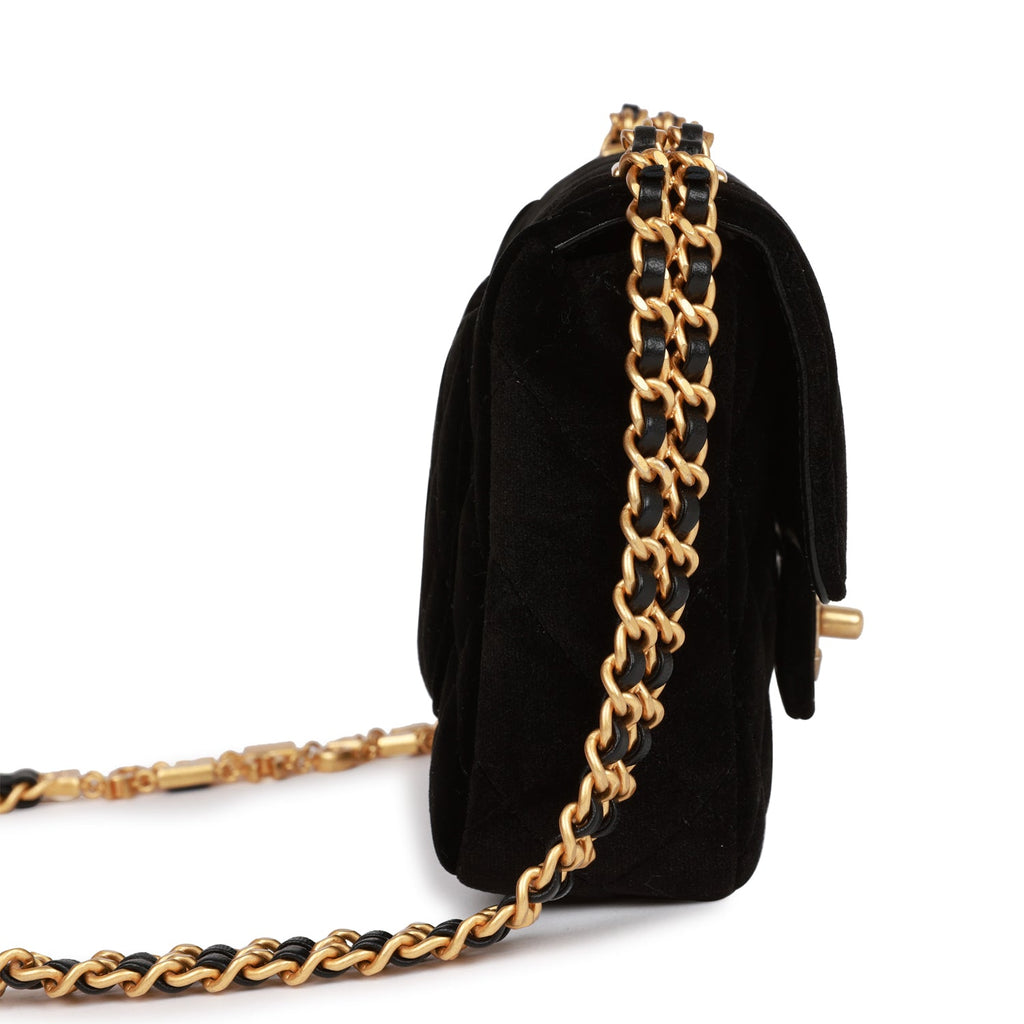 Mini flap bag, Velvet & silver-tone metal, black — Fashion