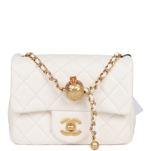 Chanel Pearl Crush Mini Square Flap Bag White Lambskin Antique Gold Hardware