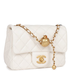 Chanel Pearl Crush Mini Square Flap Bag White Lambskin Antique Gold Hardware