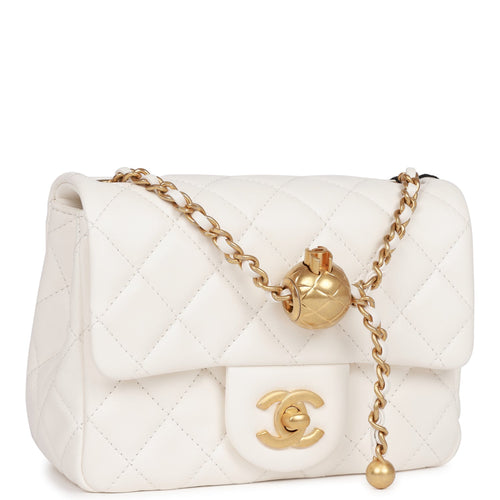 Chanel Pearl Crush Mini Square Flap Bag White Lambskin Antique Gold Hardware