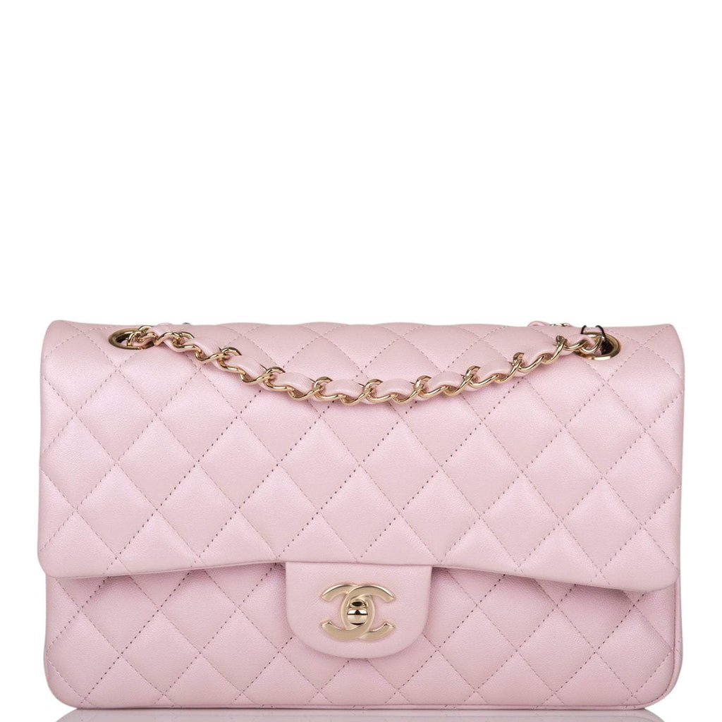 Chanel Medium Classic Double Flap Bag Pink Iridescent Lambskin Light Gold Hardware