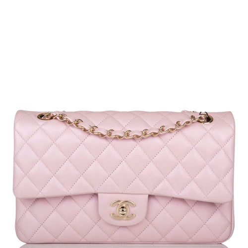 Chanel Medium Classic Double Flap Bag Pink Iridescent Lambskin Light Gold Hardware