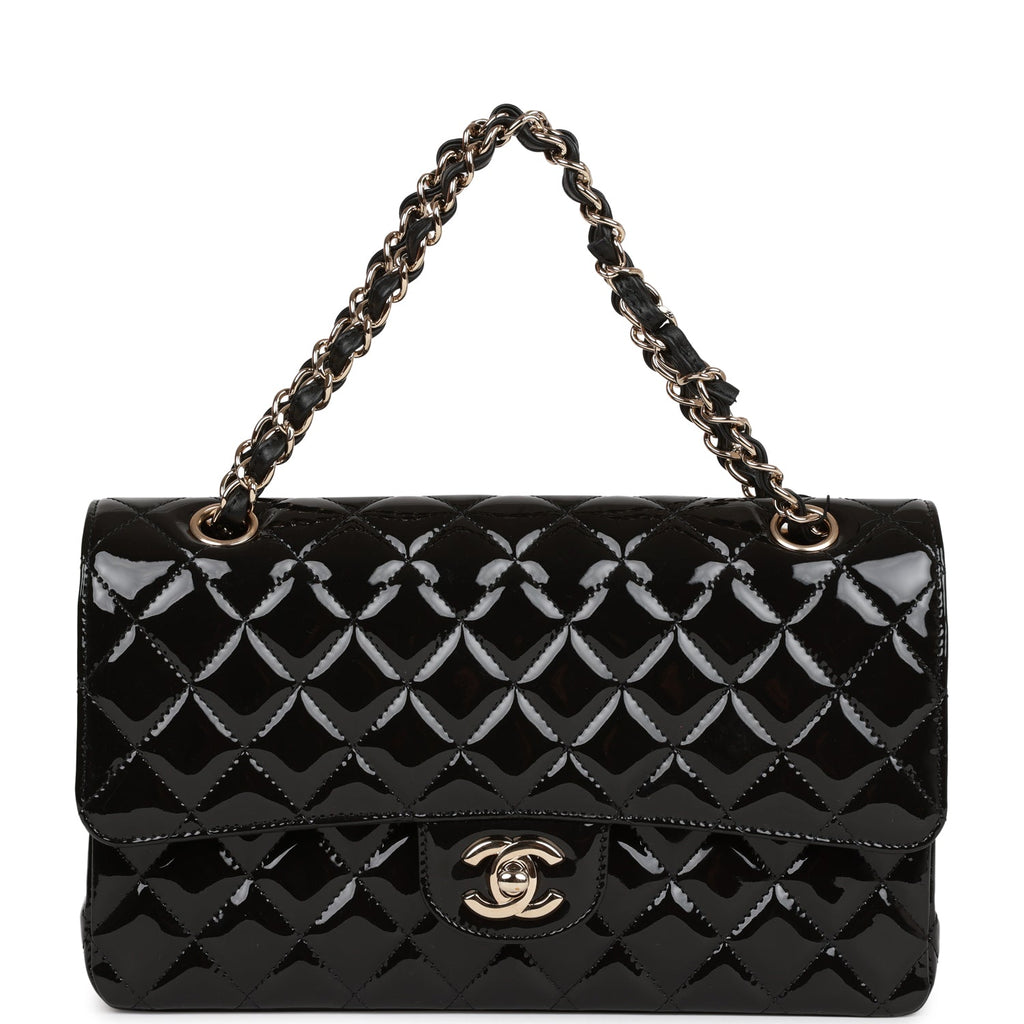 CHANEL Black 11.12 Classic Medium Quilted Patent Leather Double Flap Bag  2.55