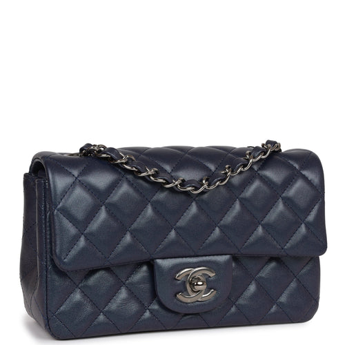 Chanel Mini Rectangular Flap Bag Navy Iridescent Lambskin Ruthenium Hardware