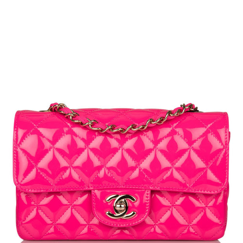 Chanel Pink Quilted Patent Rectangular Mini Classic Flap Bag Light Gold Hardware