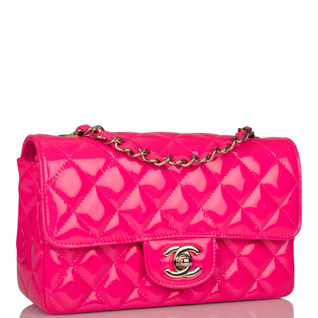 Chanel Pink Quilted Patent Rectangular Mini Classic Flap Bag Light Gold Hardware