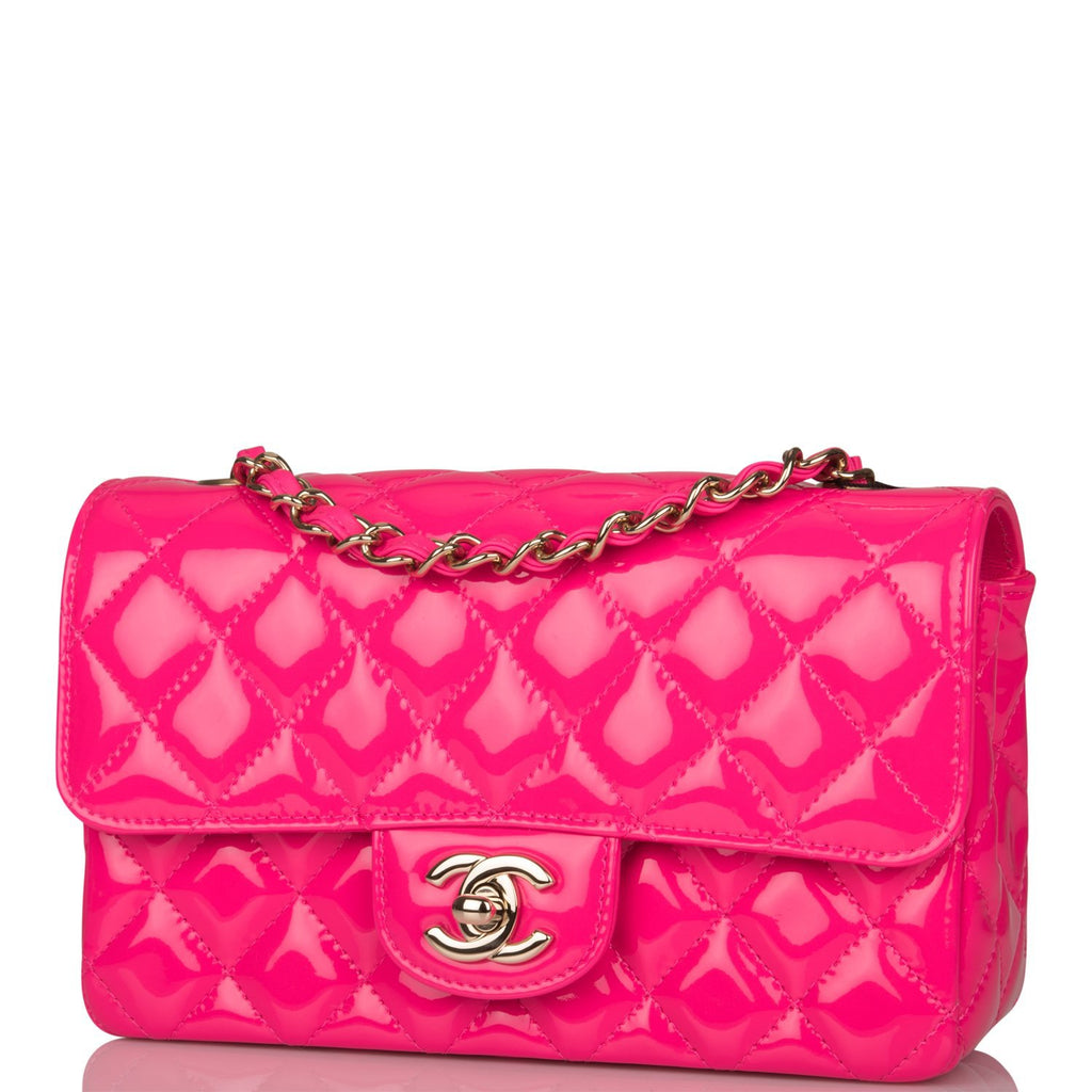 Chanel Pink Quilted Patent Rectangular Mini Classic Flap Bag Light Gold Hardware