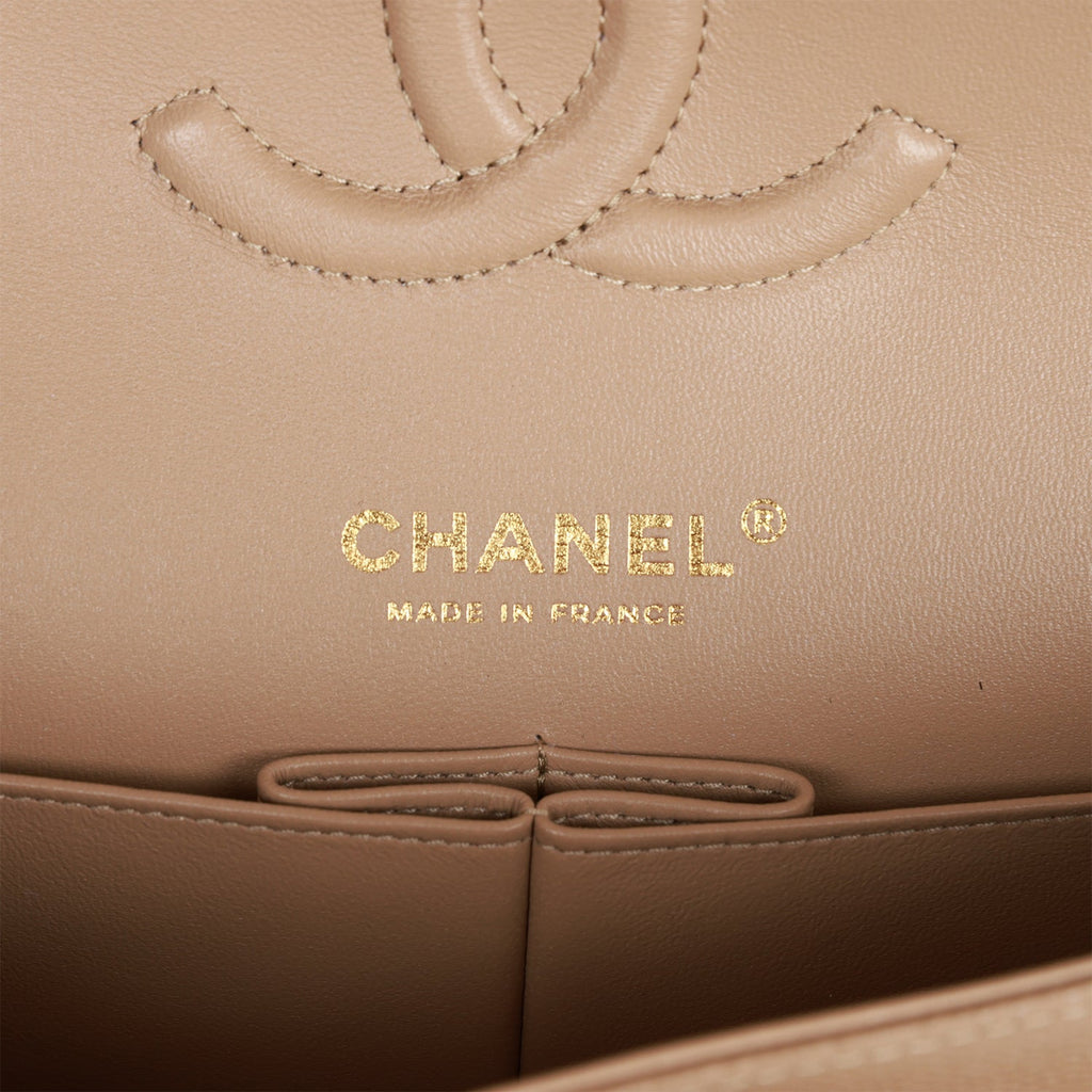 Chanel Medium Classic Double Flap Bag Dark Beige Caviar Light Gold Hardware
