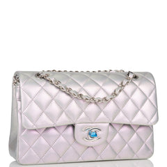 Chanel Small Classic Double Flap Bag Purple Iridescent Lambskin Silver Hardware