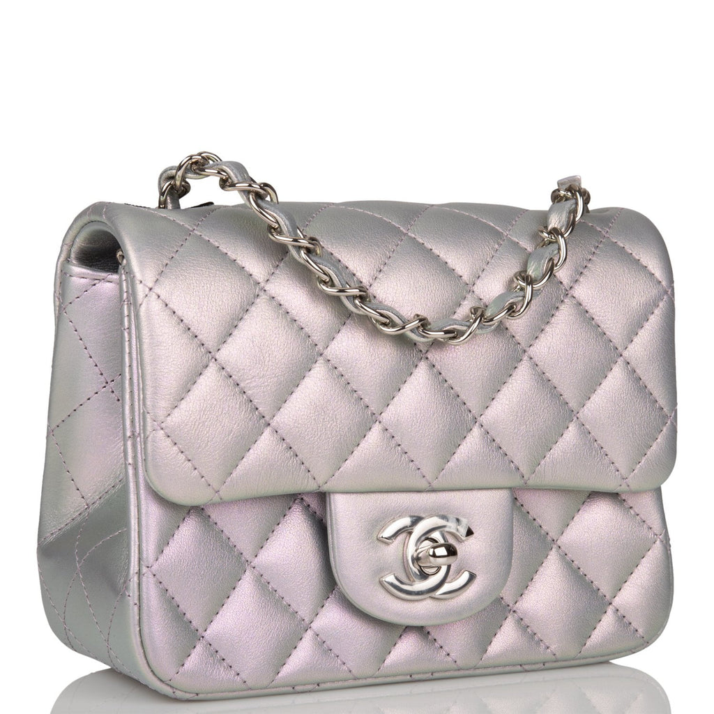 CHANEL Mini Square Flap Quilted Leather Shoulder Bag Metallic Silver