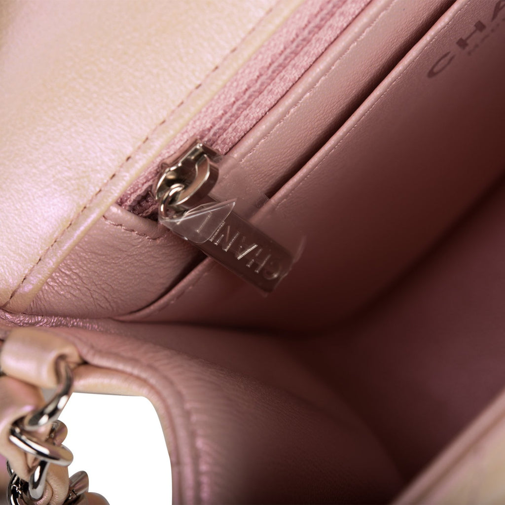 Chanel Mini Square Flap Bag Pink Iridescent Lambskin Silver Hardware