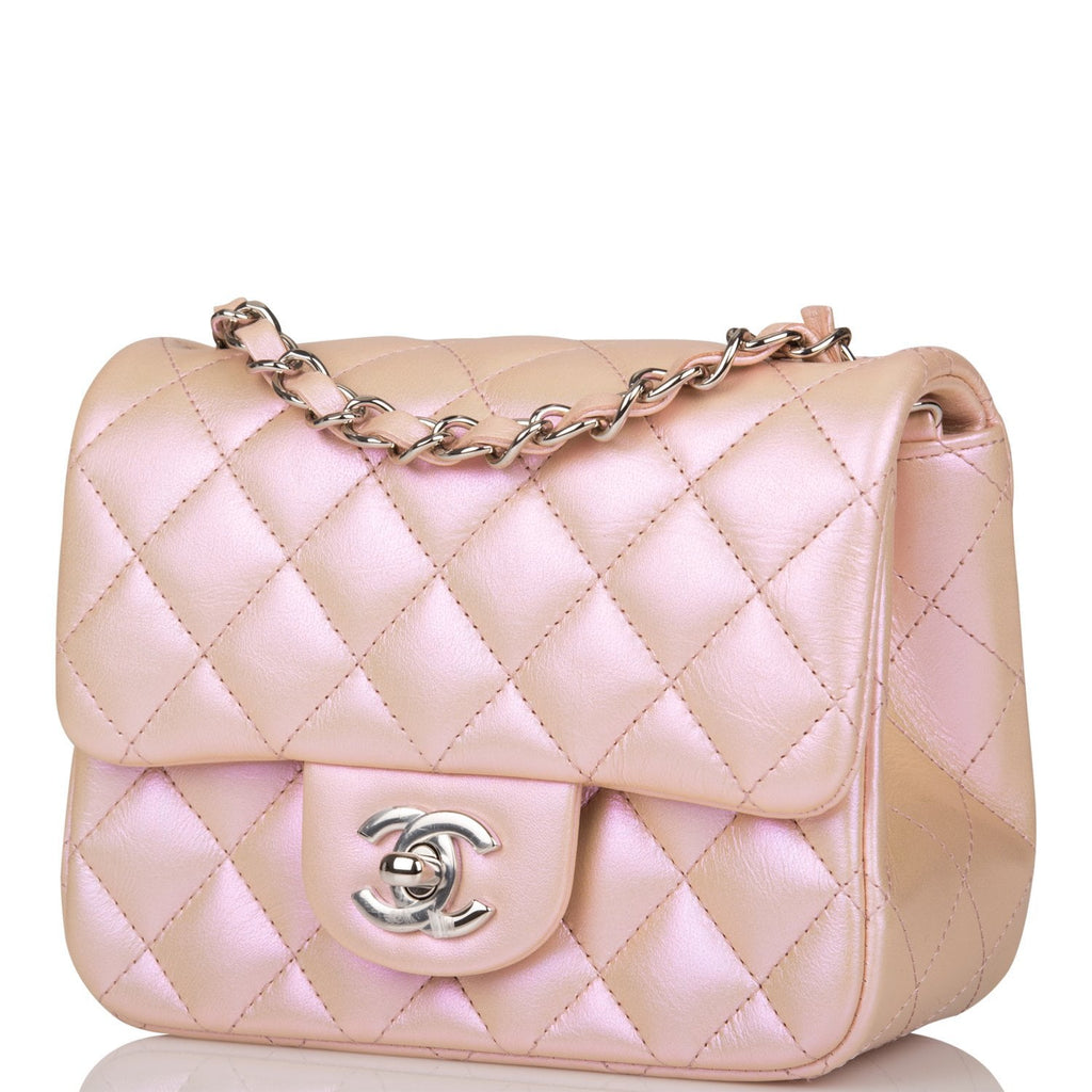 Chanel Pink Iridescent Quilted Lambskin Square Mini Classic Flap Silver ...