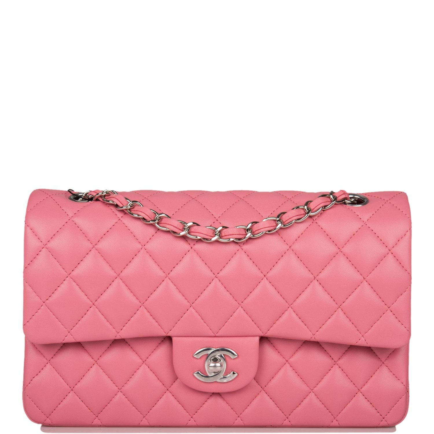 Chanel Rose Quilted Lambskin Medium Classic Double Flap Bag Silver ...