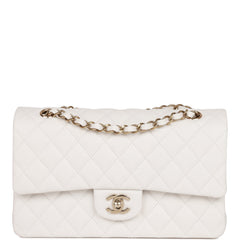 Chanel Medium Classic Double Flap Bag White Quilted Caviar Light Gold Hardware
