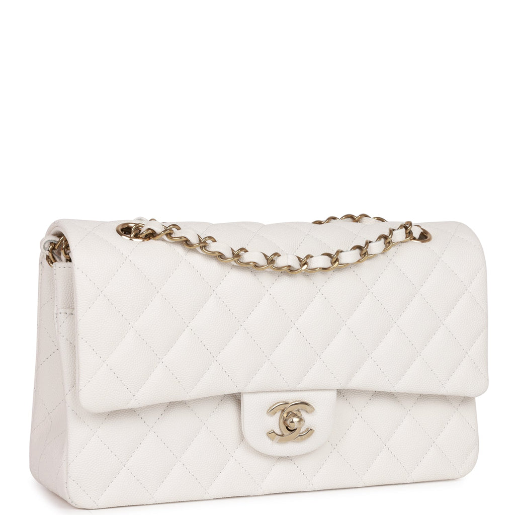 Chanel White Medium Classic Flap in Caviar with Silver Hardware
