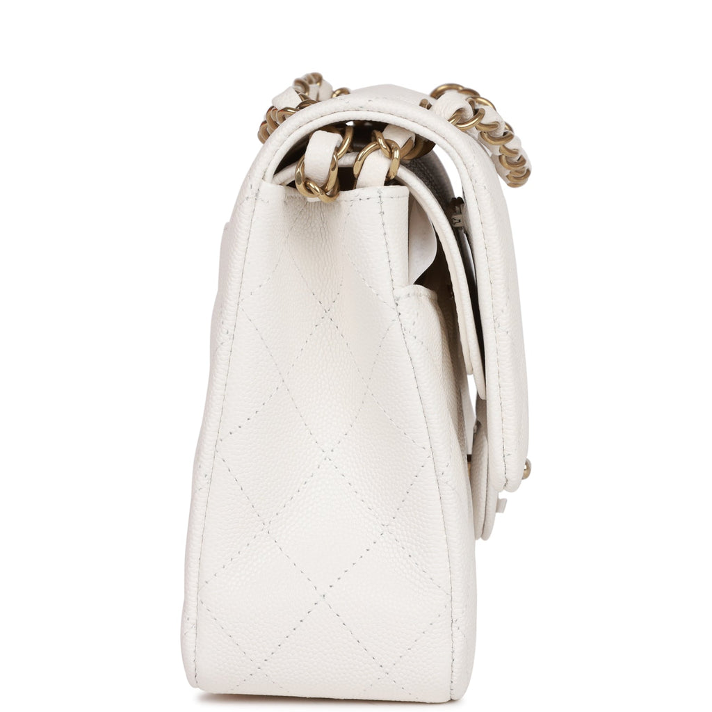Chanel White Quilted Caviar Medium Classic Double Flap Bag Light