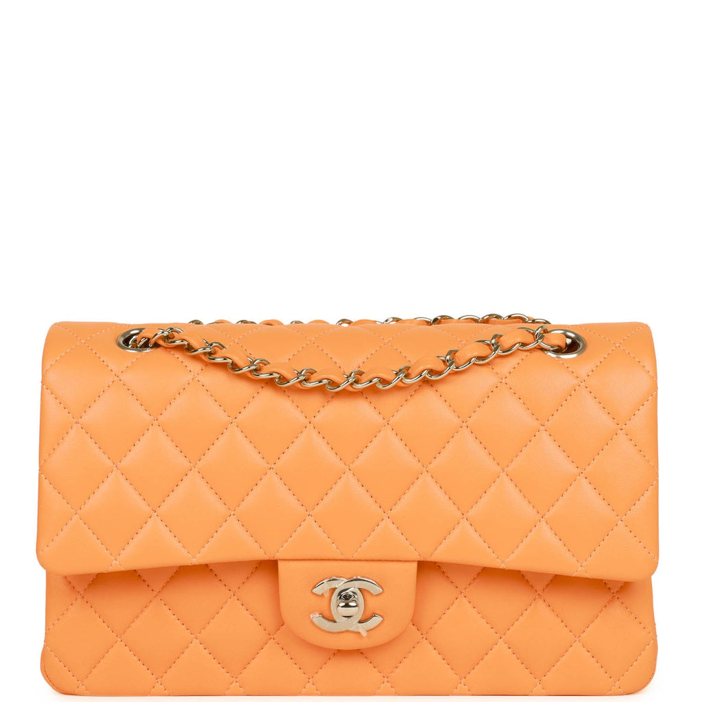 Chanel Neon Orange Lambskin Medium Double Flap Bag Silver Hardware