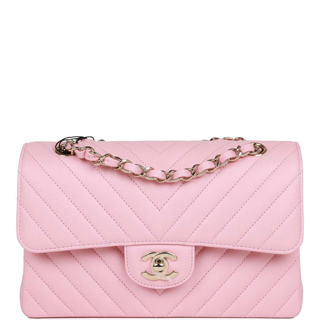 Chanel Pink Chevron Calfskin Small Classic Double Flap Light Gold Hardware  – Madison Avenue Couture