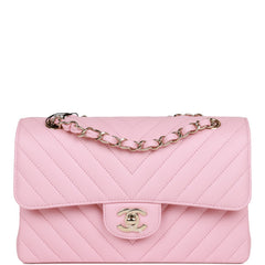 Chanel Small Chevron Classic Double Flap Pink Calfskin Light Gold Hardware