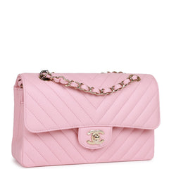 Chanel Small Chevron Classic Double Flap Pink Calfskin Light Gold Hardware