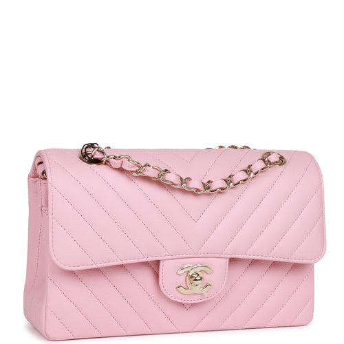 Chanel Small Chevron Classic Double Flap Pink Calfskin Light Gold Hardware