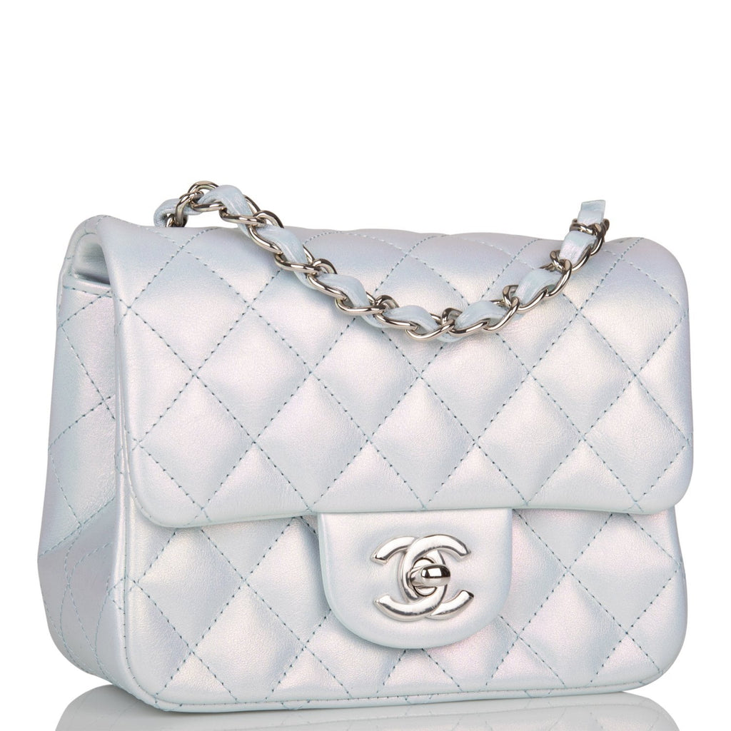 Chanel Mini Square Flap Bag Blue Iridescent Lambskin Silver Hardware
