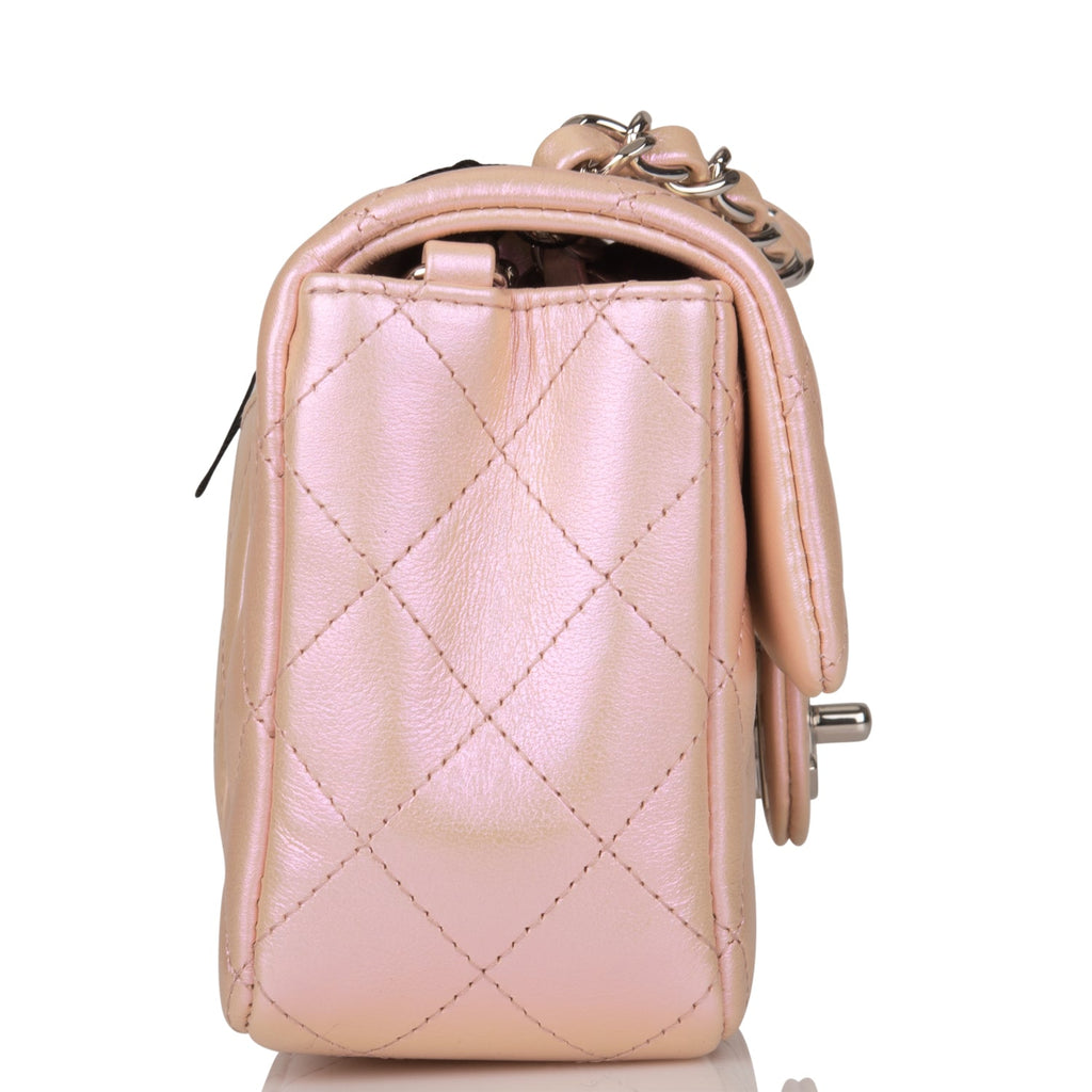 21K Mini Pink Iridescent Square Lambskin Quilted Classic Flap SHW
