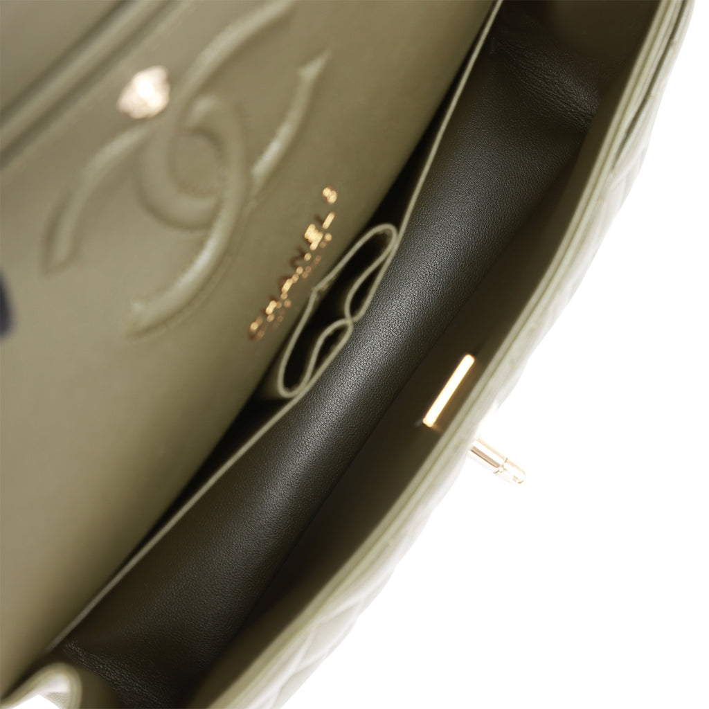 Chanel Medium Classic Double Flap Bag Green Iridescent Lambskin Light Gold  Hardware