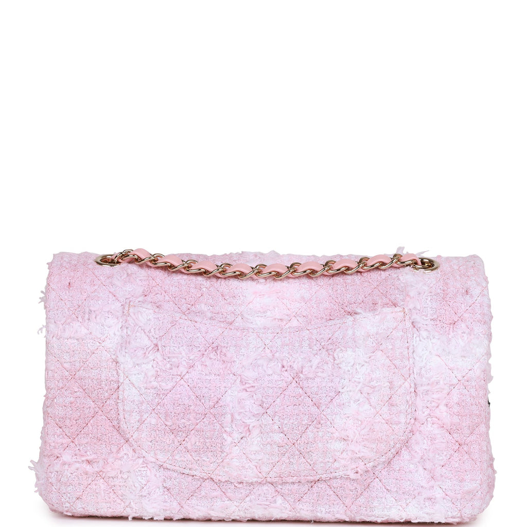 Chanel Medium Classic Double Flap Bag Rose Sakura Tweed Light Gold Hardware
