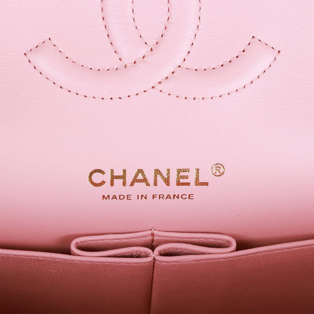 Chanel Medium Classic Double Flap Bag Rose Sakura Tweed Light Gold Hardware