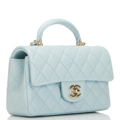 Chanel Mini Rectangular Flap with Top Handle Light Blue Lambskin Light Gold Hardware