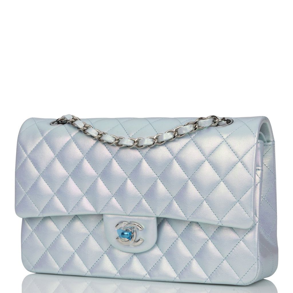 Chanel Light Blue Quilted Caviar Small Classic Double Flap Silver Hardware (Like New), Womens Handbag