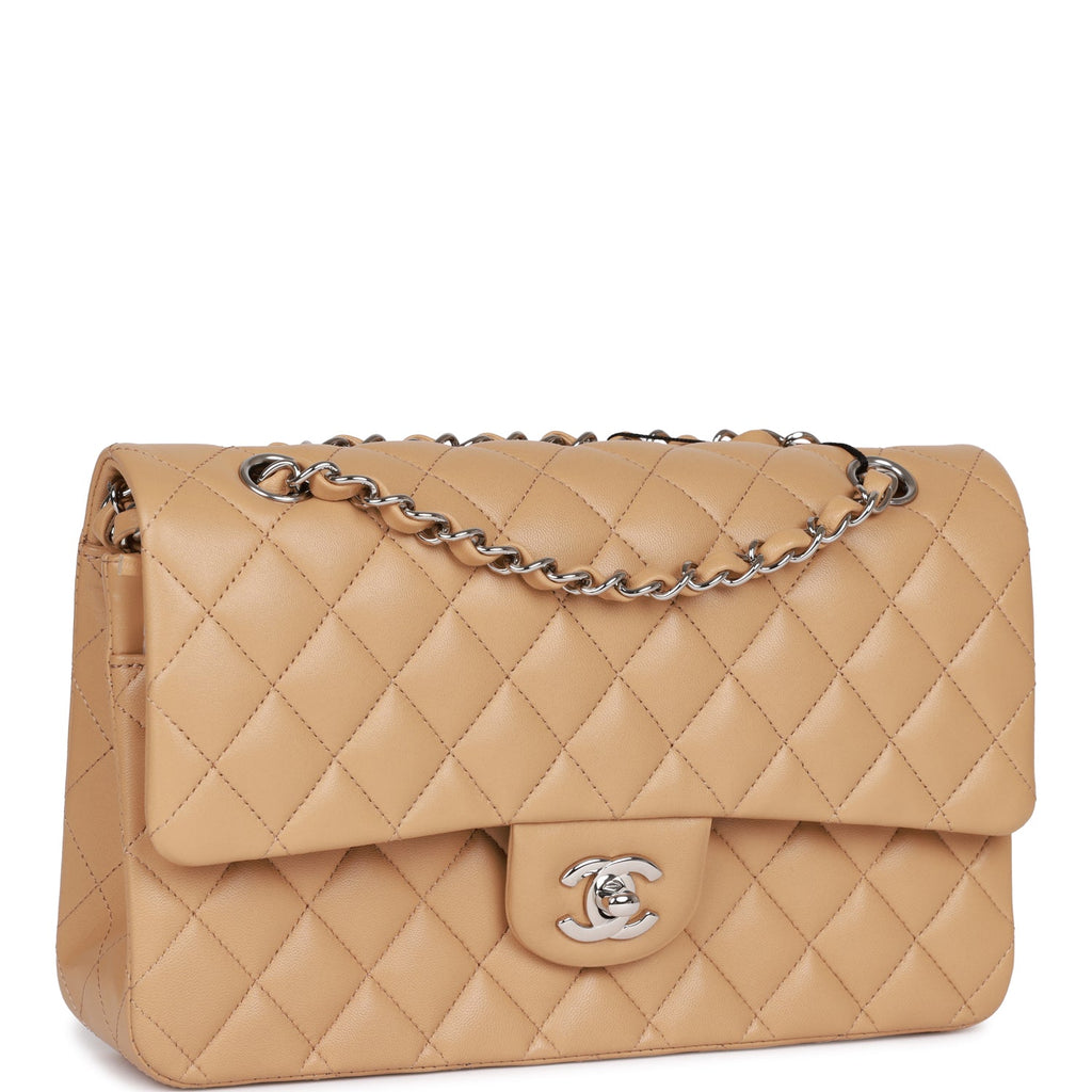 Chanel Beige Quilted Lambskin Medium Double Flap Bag Silver