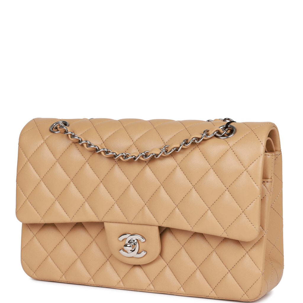 Chanel Beige Quilted Caviar Medium Classic Double Flap Silver