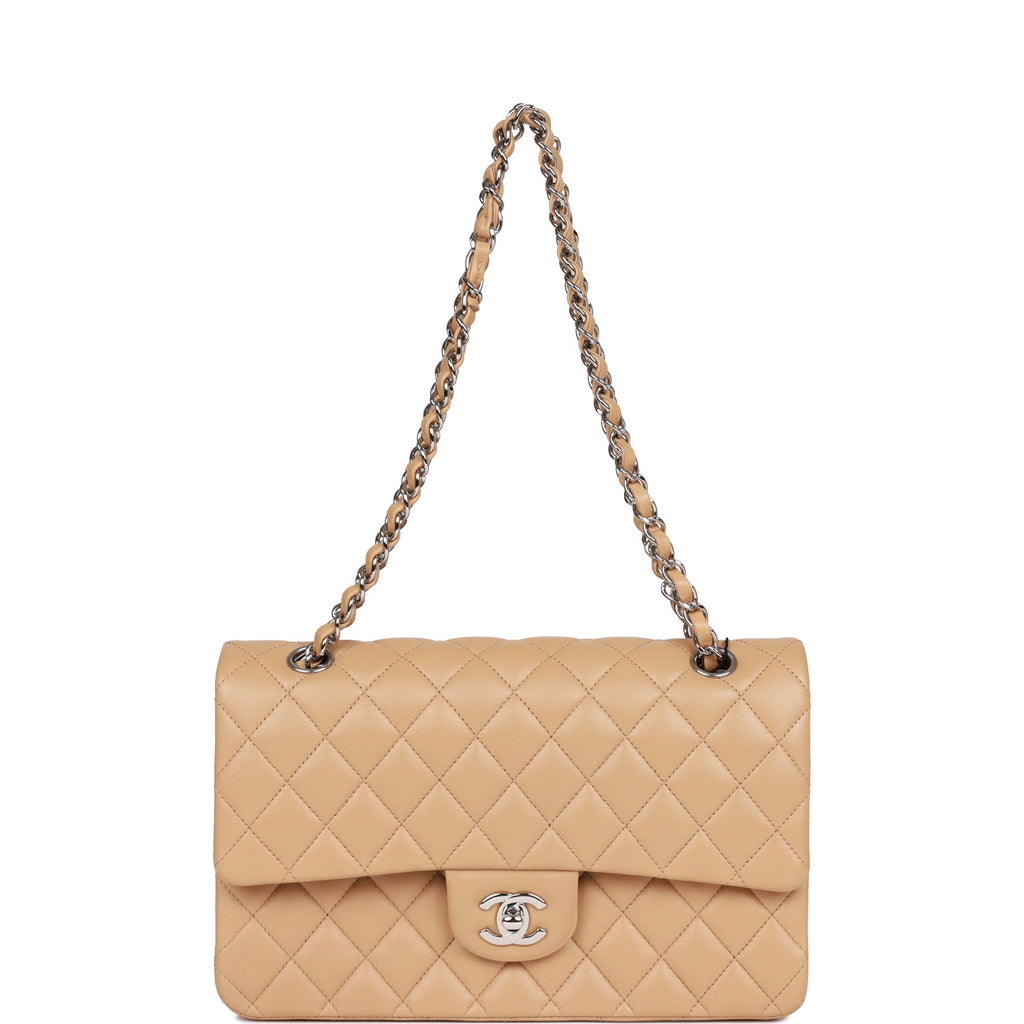 Chanel Beige Quilted Lambskin Medium Double Flap Bag Silver