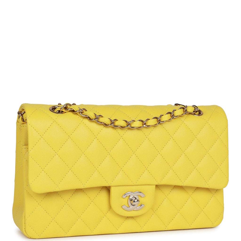 Chanel Light Yellow Quilted Caviar Medium Classic Double Flap Gold Hardware, 2003 (Very Good)-2004, Womens Handbag