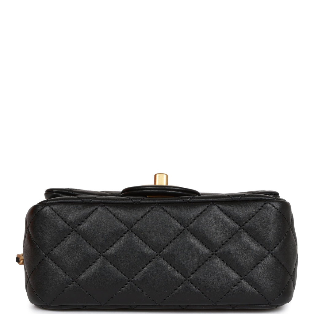 Chanel CC Pearl Crush Mini Square Flap Bag Black Lambskin Antique Gold Hardware