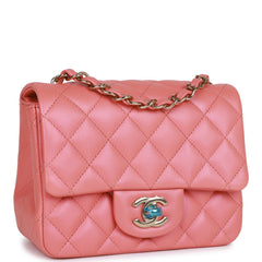 Chanel Mini Square Flap Bag Pink Iridescent Lambskin Light Gold Hardware