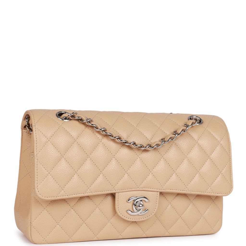 Chanel Beige Quilted Caviar Medium Double Flap Bag Silver Hardware