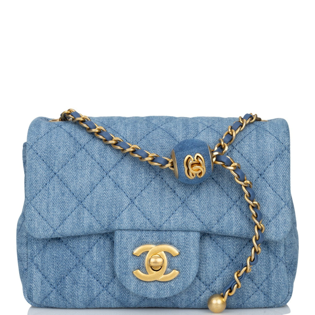 Chanel Blue Denim Quilted CC Pearl Crush Wallet On Chain WOC Gold