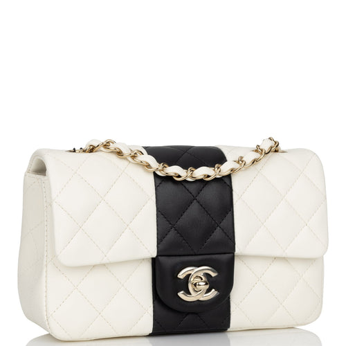 Chanel Mini Rectangular Flap Bag White and Black Lambskin Light Gold Hardware